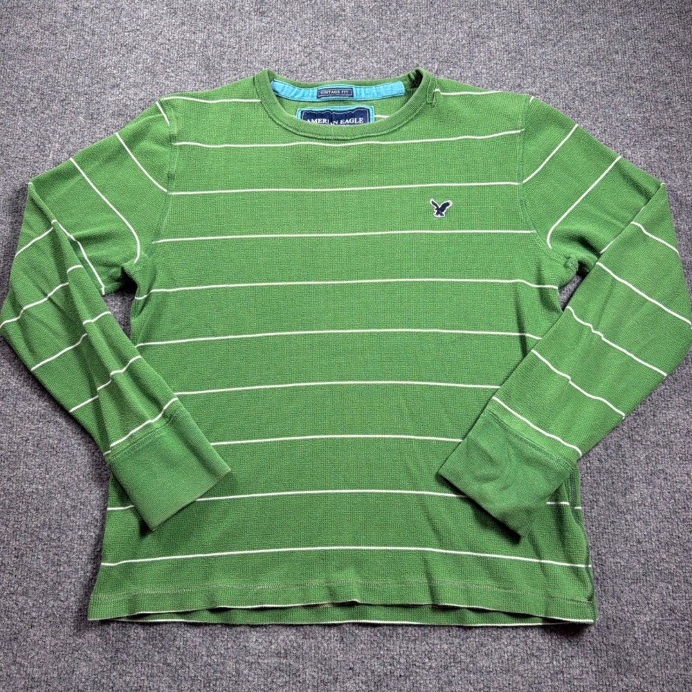 American Eagle Thermal Shirt Mens XL Green Striped Waffle Knit Vintage Fit